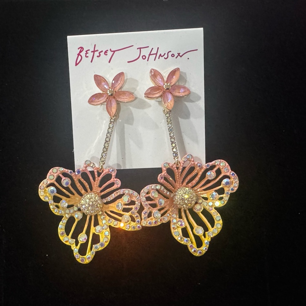 Betsey Johnson Coral, Yellow, and Gold Floral Earrings